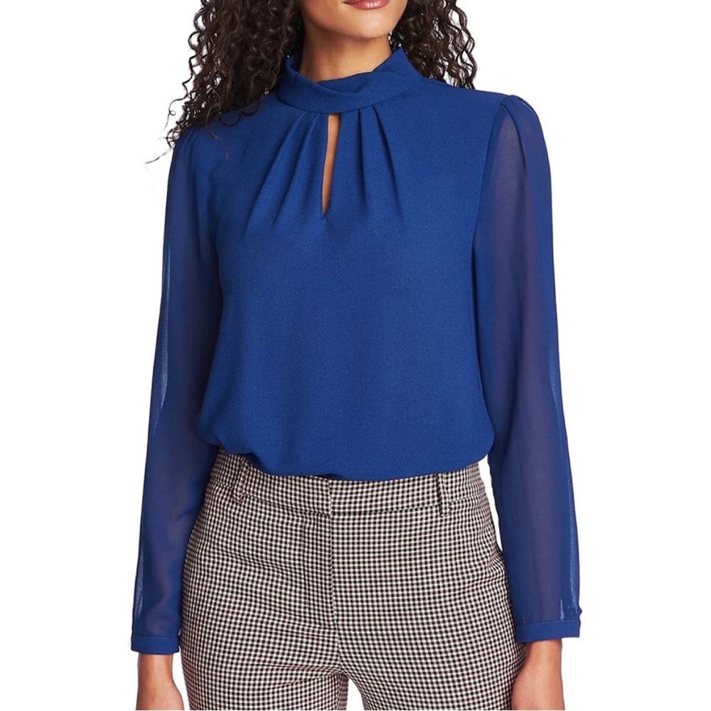1.STATE Mock-neck Keyhole Top Medium/ Blue semi-sheer sleeves